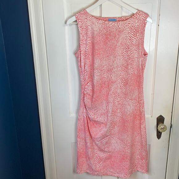 J. McLaughlin Red White Print MIDI Sleeveless Ruched Dress W-721 Sz L - Picture 1 of 8